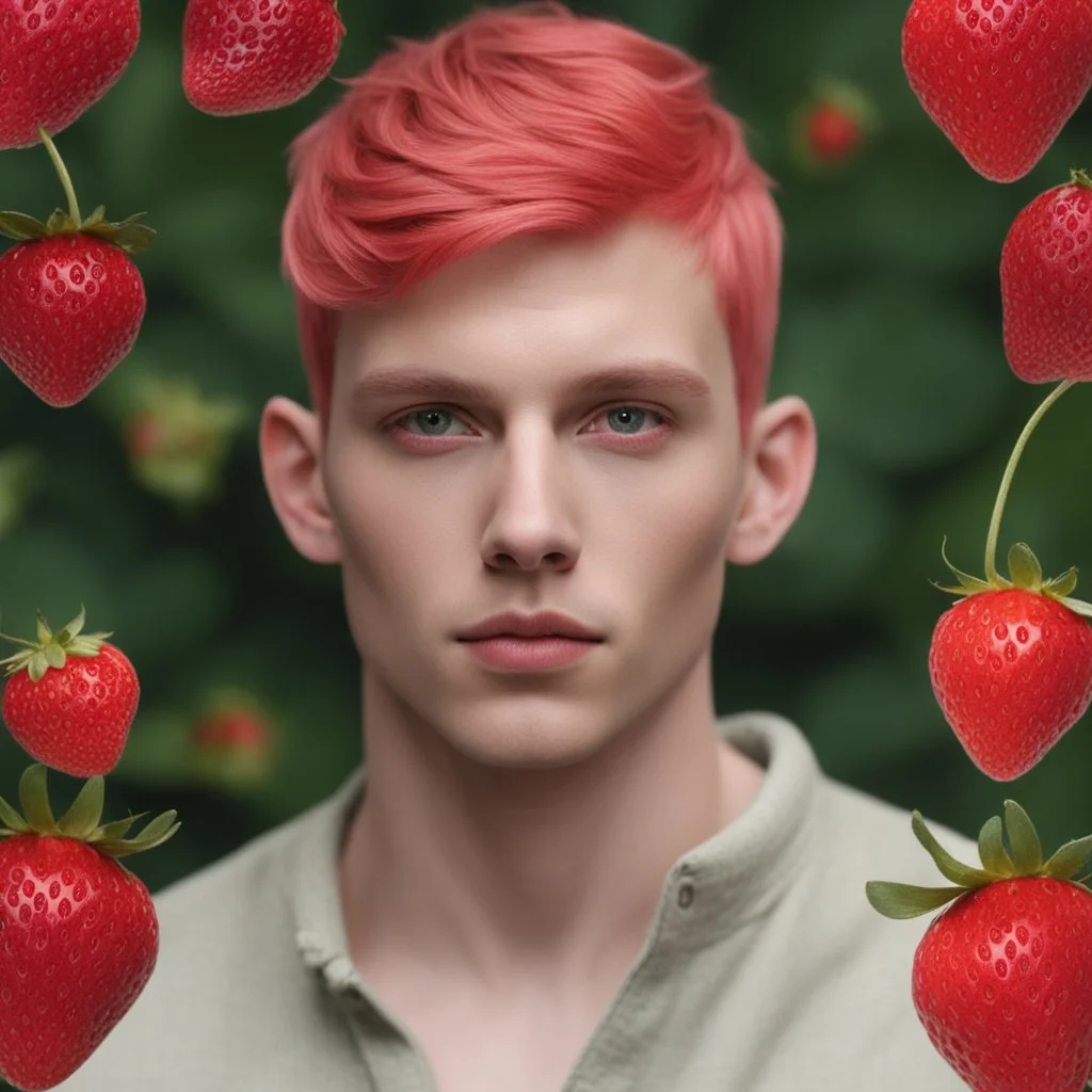 I want a man merged with a strawberry with pixie-cut hair, - a man who looks like a strawberry - a man whose skin is strawberry skin