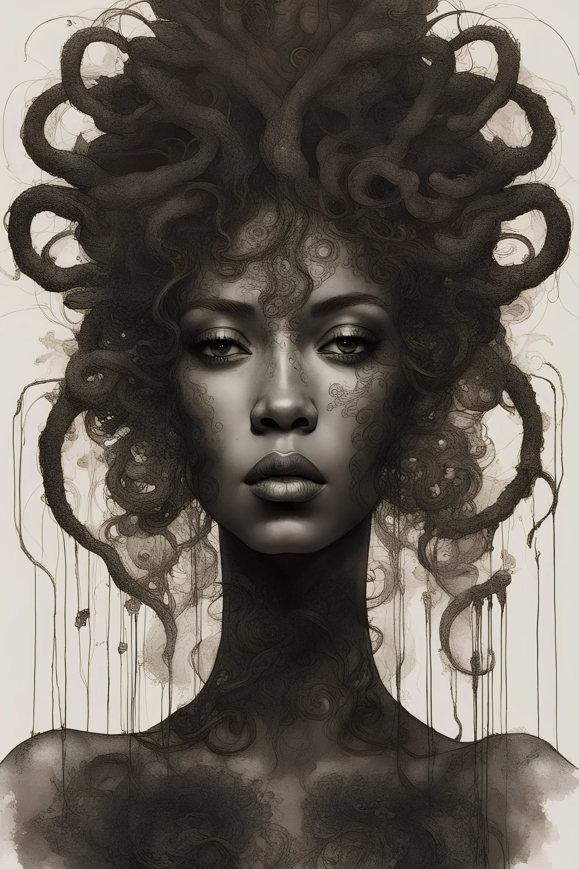 Gustav Klimt, portrait of black medusa princess, centered, key visual, intricate, highly detailed, breathtaking beauty, precise lineart, vibrant, comprehensive cinematic, Carne Griffiths, Conrad Roset