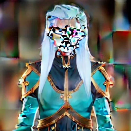 D&D cleric, female, platinum blonde hair, gold eyes, smiling, teal armor