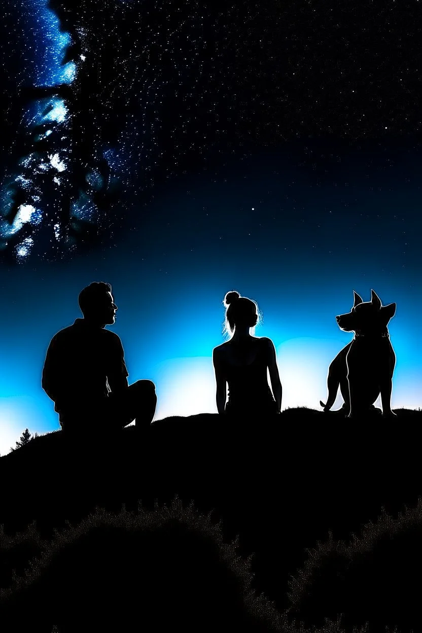 black background on a mountaintop and three silhouettes of a fit man, a silhouette of a fit woman, and silhouette of a Belgian malinois sitting next to the men and the woman looking at the stars