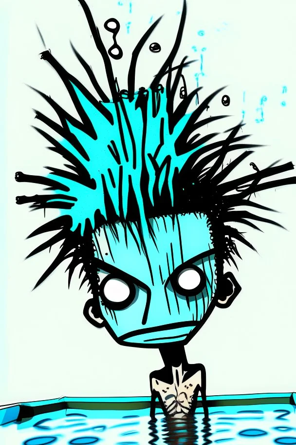 2d drawing of a stickman, cool with punk hair, x eyes like in hangman, in swimming pool, face laying on hands, 3d realistic in colour