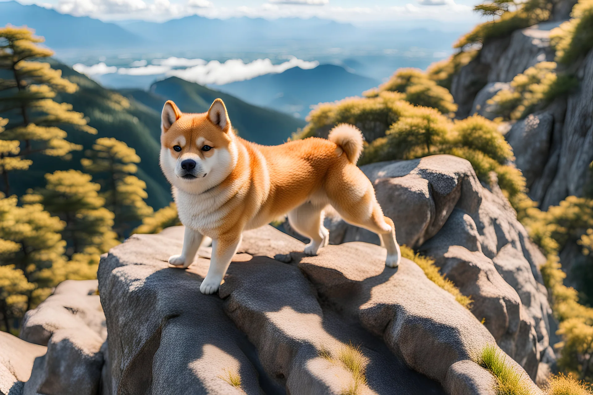 ultra realistic Shiba Inu climbing a mountain in japan