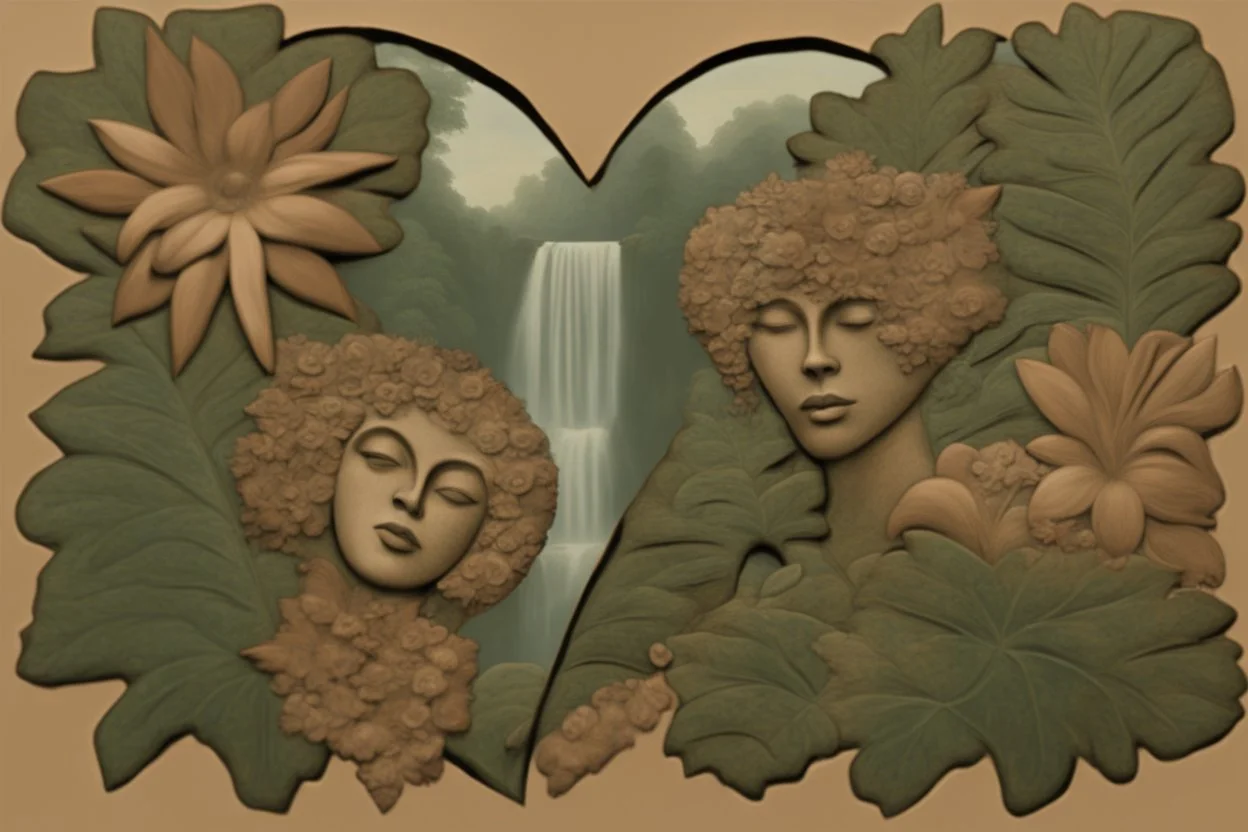 double exposure caricature of a brasilian rainforest, flowers, waterfall Heart and love: magical ethereal nature, copper patina, desaturated neutral tones on burlap, dramatic impasto composition that brakes down the boundaries between an effective combination of concept, vision and mastery of medium (Georges Braque:0.7), (Fernand Leger:0.3), set in front of vivid background by Pablo Picasso watercolor and ink, oil on canvas, reflection, mist, sunshine