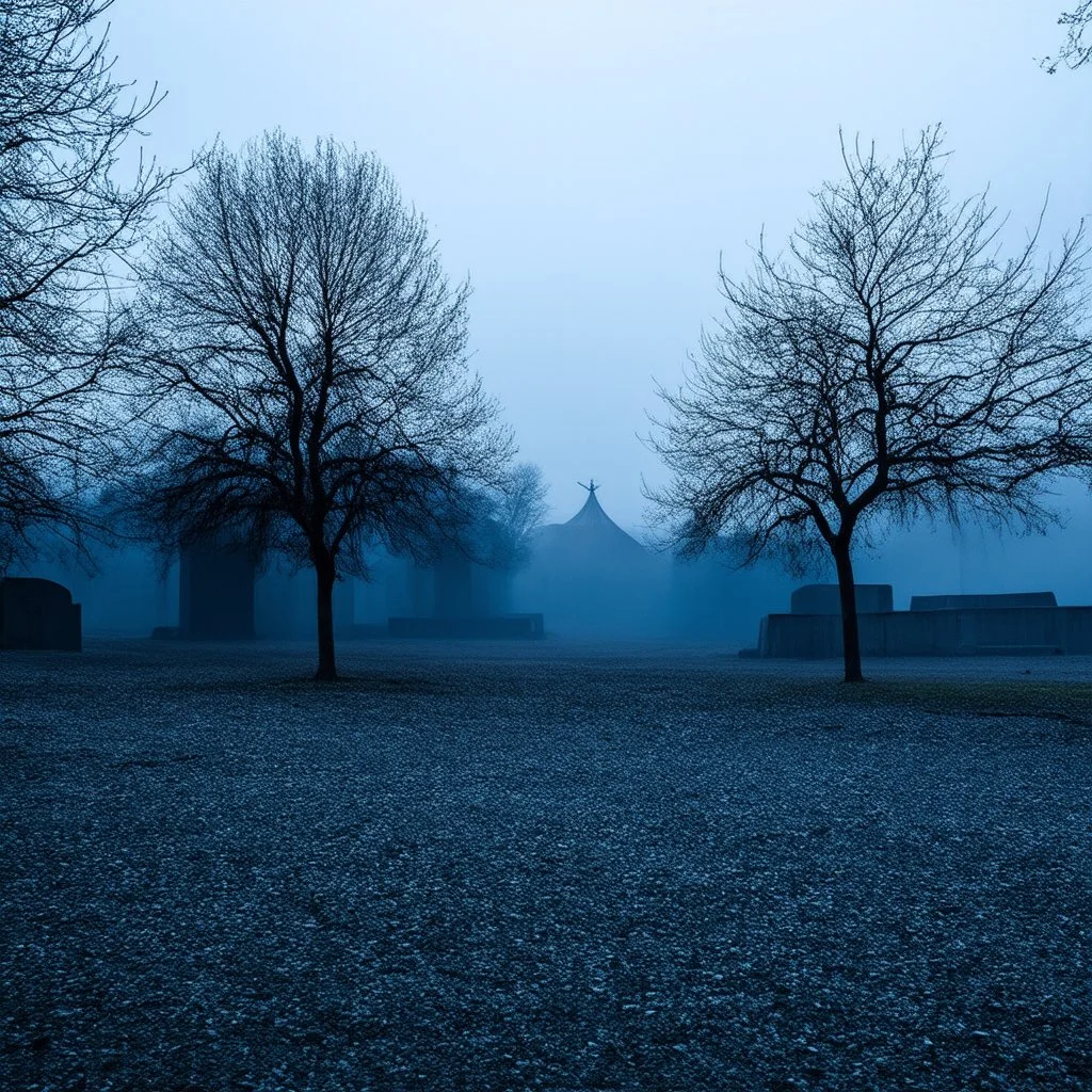 A photo of an instability with a glossy finish. There are trees in the middle ground. In the background, there are grey and blue structures. The atmosphere is eerie. The aspect ratio of the photo is 85:128, and the exposure value is 8.