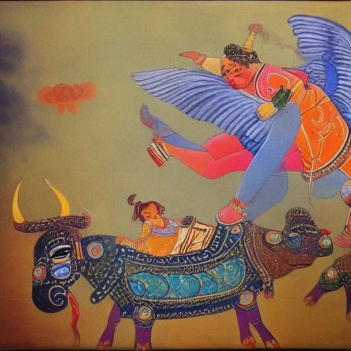 flying cow gods with wings indian painting