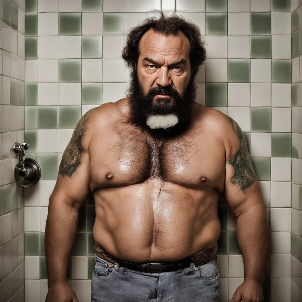 two ugly angry muscular chubby arab 40 years old similar to bud spencer, very detailed, full figure shot, very realistic photography, dim light, view from below, tiled restroom, tattoo, masculine bearded, white substance dripping from beard, with glue stuck to and dripping from beard,, , mature barely burly bearded muscled and robust