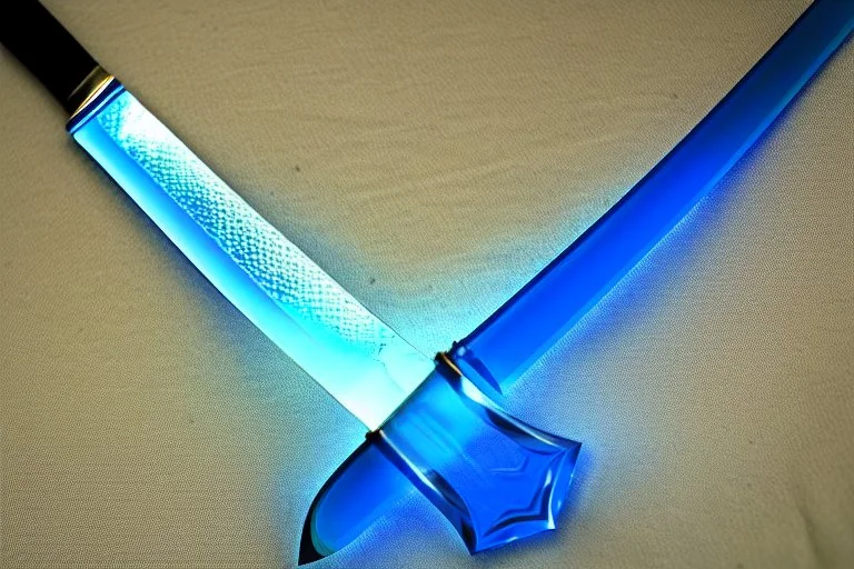 A fantasy straight sword that is a slender, translucent blade made of ice, shimmering with an ethereal blue glow. It's hilt is crafted from swirling vines, leading to a vibrant crystal at the pommel.