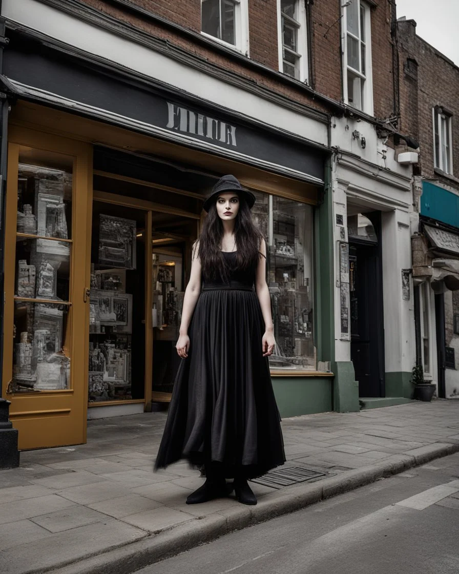 full-length, young woman dressed like a modern-day witch, floaty clothing, with dark hair, outside a shop