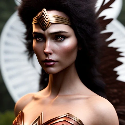 woolitize, Wonder woman, rusty metal, feathers, Dryad, fae, sidhe, ominous, nature, plants, wildflower, facepaint, dnd character portrait, intricate, oil on canvas, masterpiece, expert, insanely detailed, 4k resolution, retroanime style, cute big circular reflective eyes, Pixar render, unreal engine cinematic smooth, intricate detail , soft smooth lighting, soft pastel colors