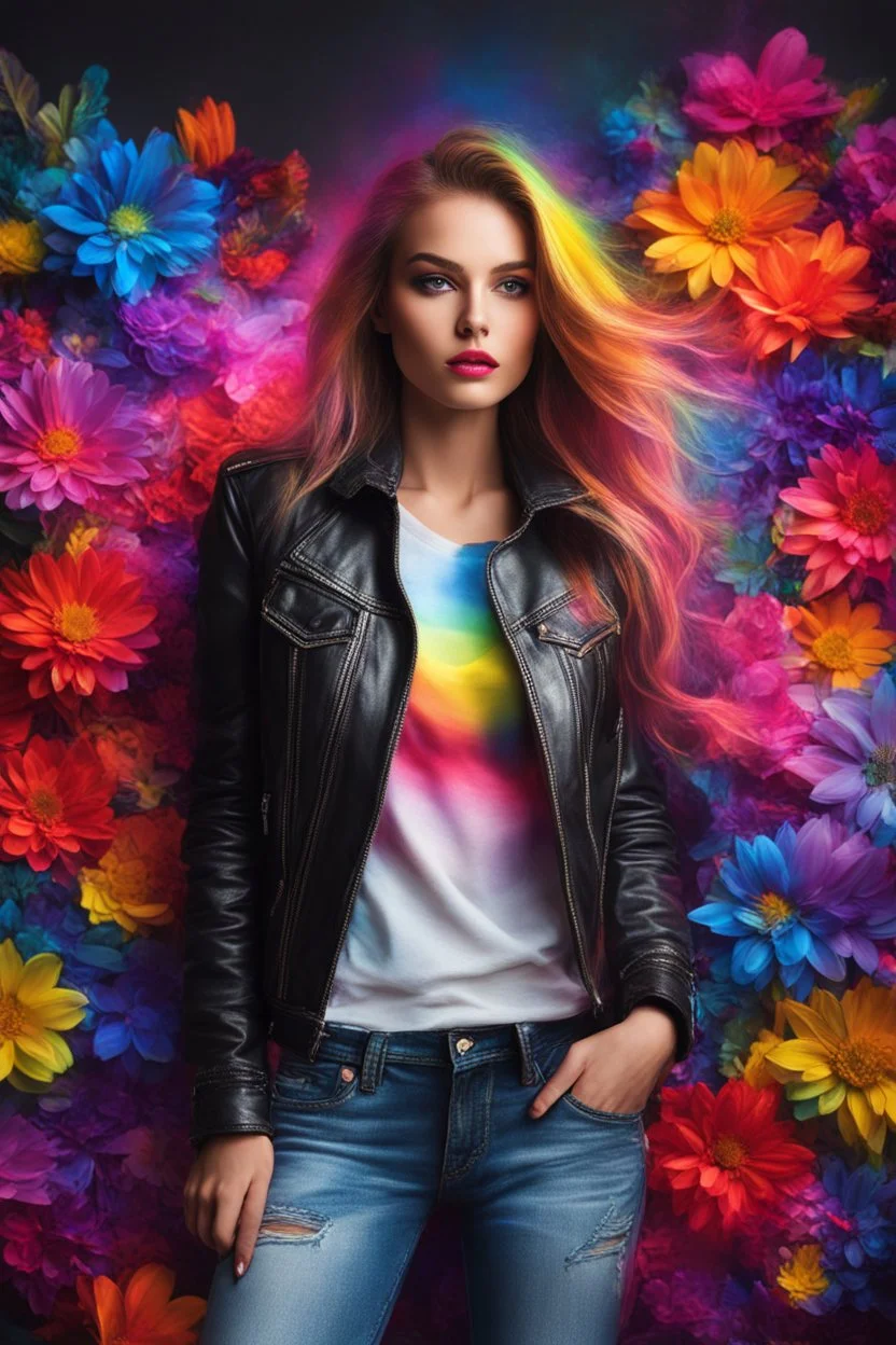 Close up Gorgeous Realistic Photography Super Model European Beautiful young woman,hair colors rainbows as Rocker with clothing abstracts flowers luxury casual leather jacket and levis jeans dressing painting art neons rainbow colors glowing in the dark and colorful details, light leaks boleh colors,flowers background