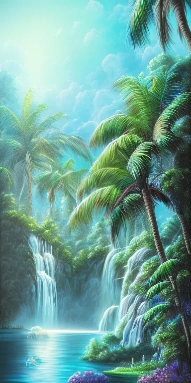 Triipy rainbow turquoise neon waterfall with palm trees sparkling at night in a cave detailed realistic glowing