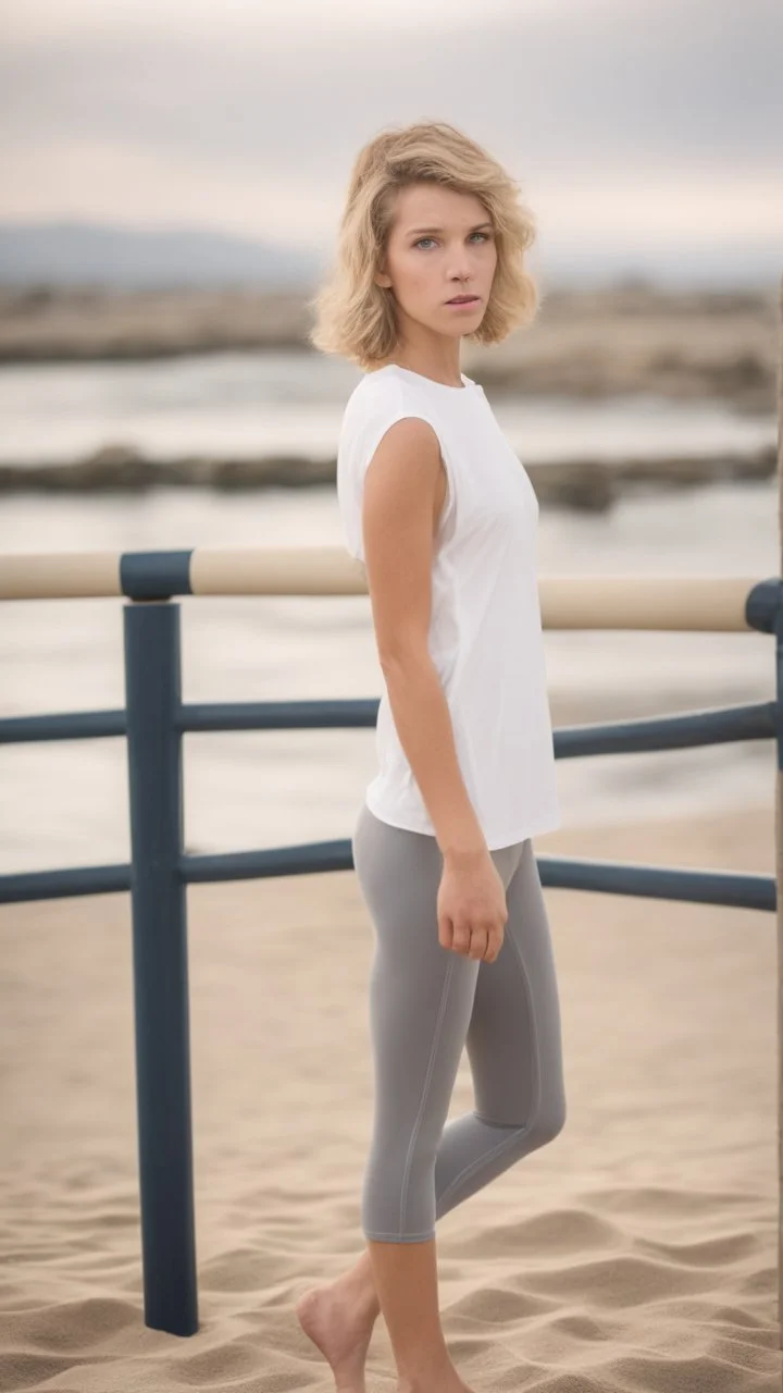 anorexic beautiful 19 year old woman, total shot, grey capri leggins, triathlon top, short blonde wavy bob hair, blurred beach background