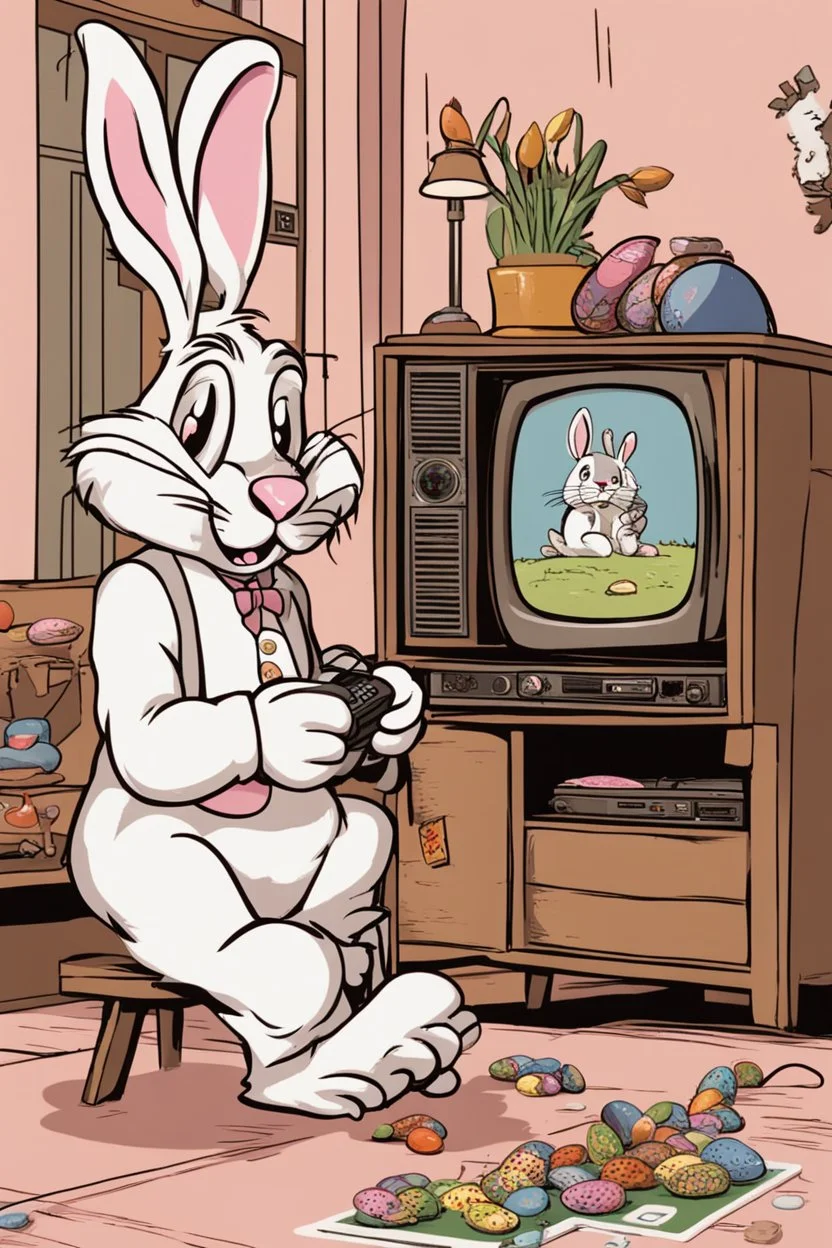 The easter bunny playing a video game in front of an old tv set