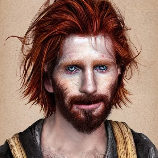 Portrait of young Courtney Gains as a ruggedly handsome, joyful, roguish pirate, charismatic, attractive male, masculine, perfect, precisely detailed clear eyes, unblemished, flawless skin, softly freckled face; meticulously detailed multi-hued ginger carrot-colored cherry fire red hair; fantasy, intricate, elegant, highly detailed, digital painting, concept art, matte, sharp focus, illustration, art by artgerm and greg rutkowski and alphonse mucha