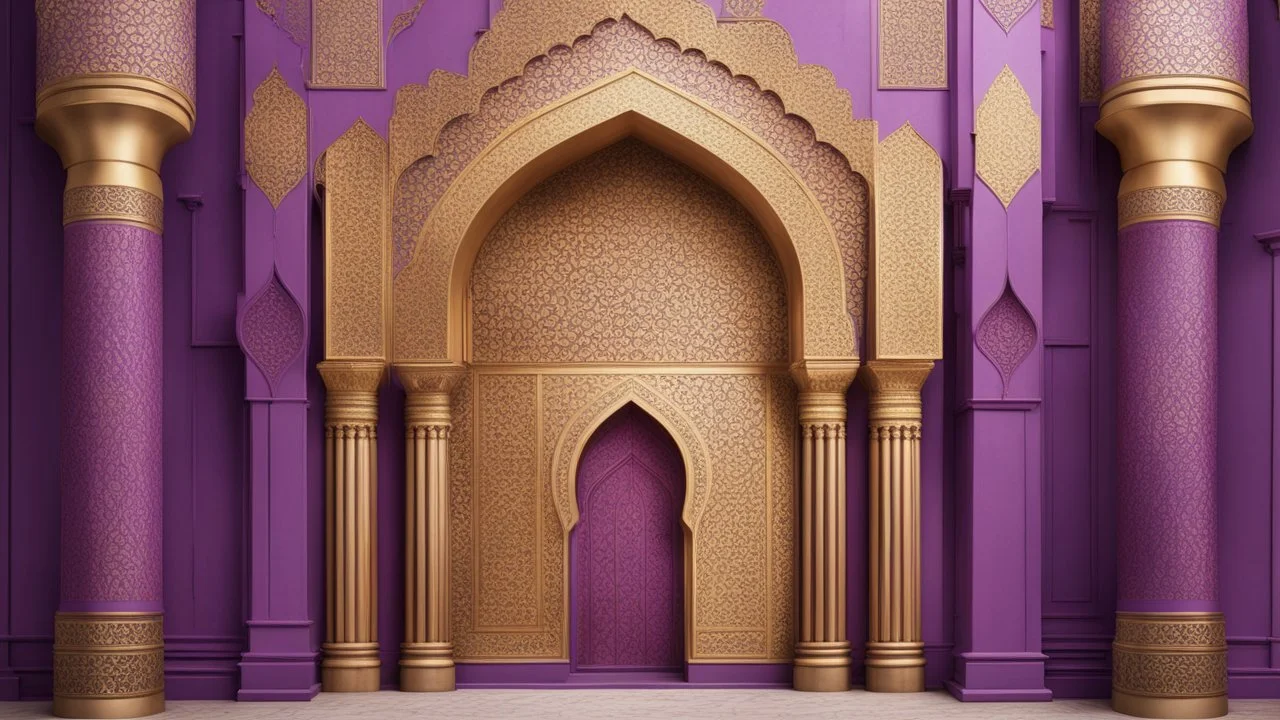 Hyper Realistic Golden Islamic Architecture on Purple-Rustic-Wall with maroon-crafting-on-white-pillars