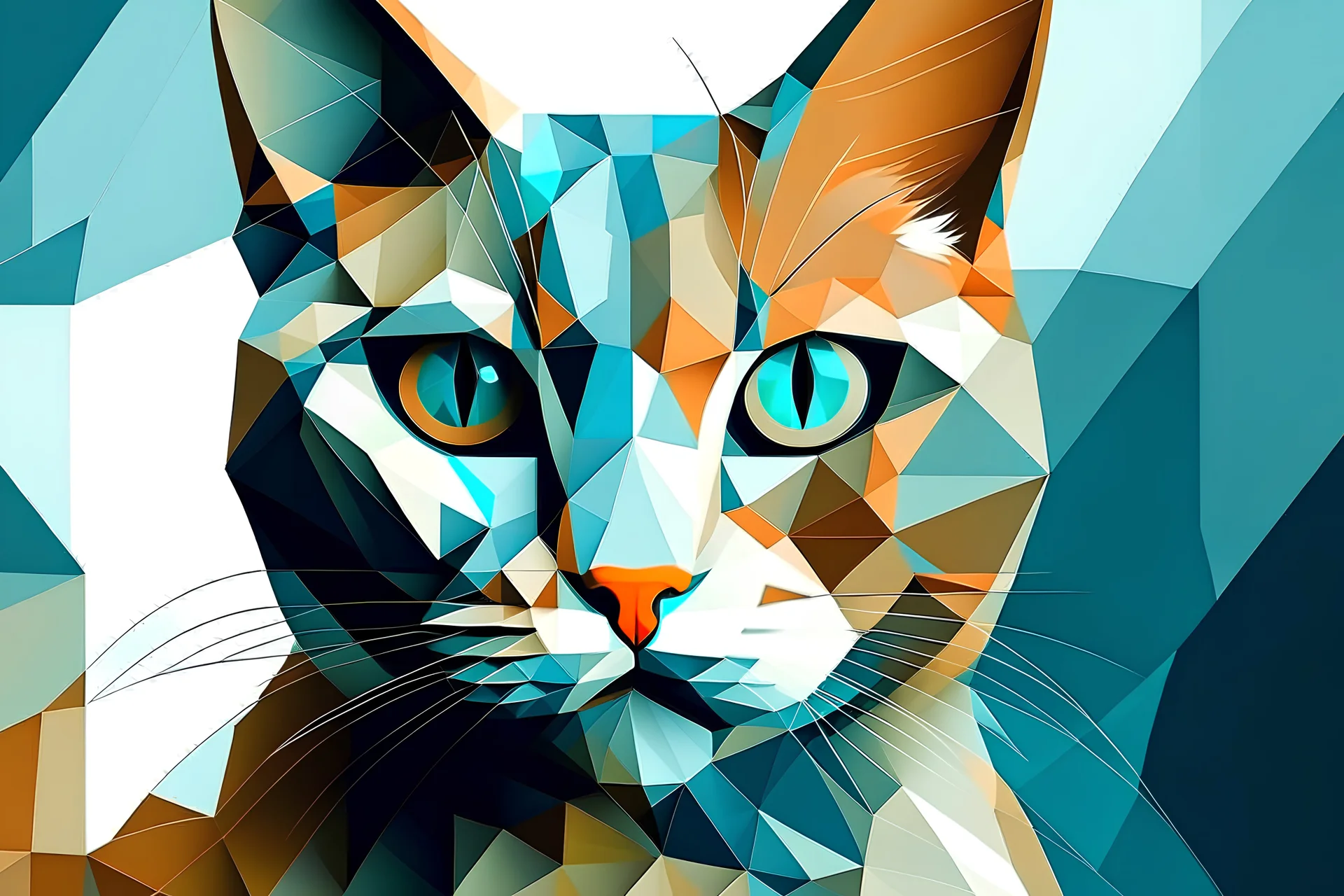 Generate a digital painting of the cat in the style of Cubism, using geometric shapes and fractured forms to depict the cat from multiple angles simultaneously.