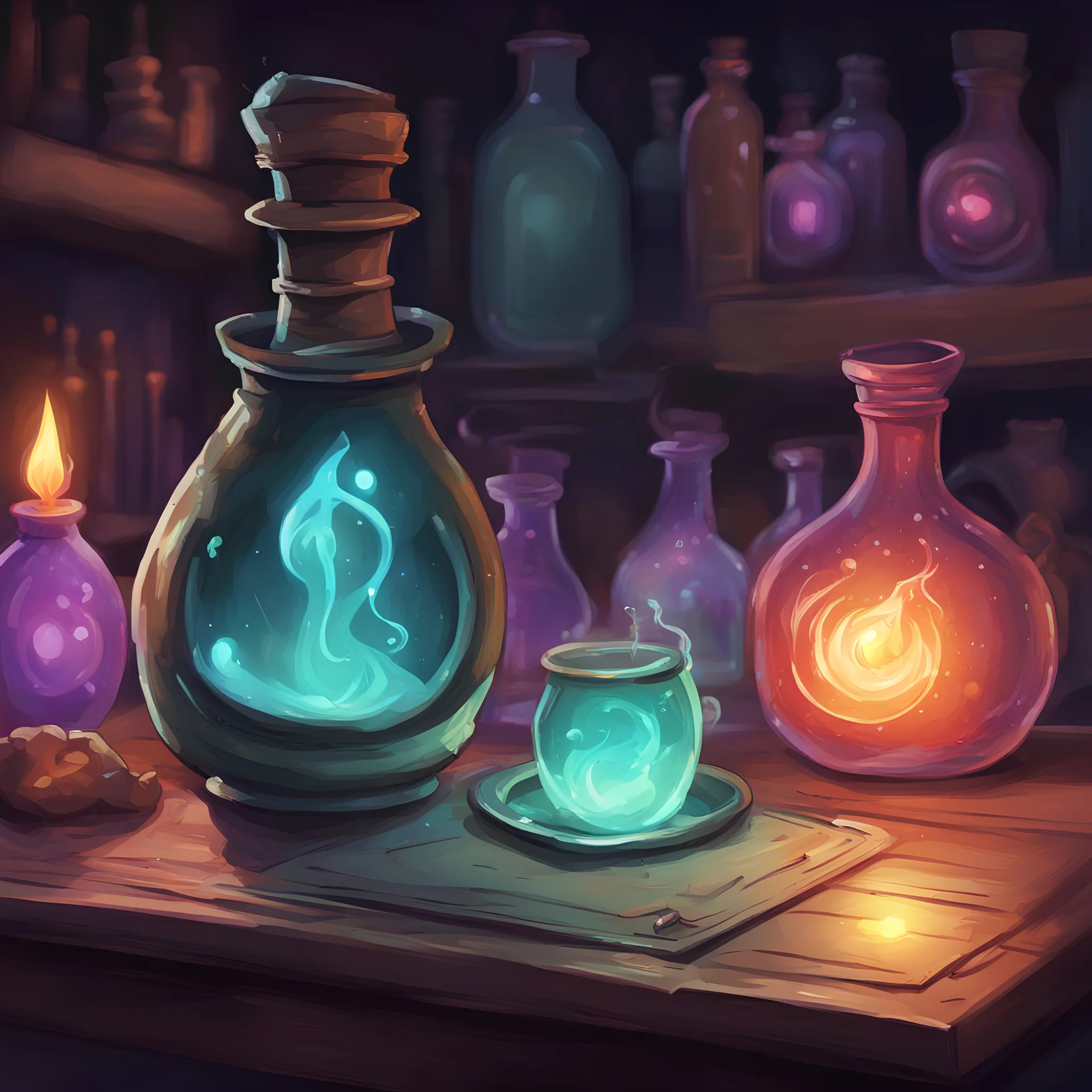 A potion sits on a table glowing whatever does it do, in card art style