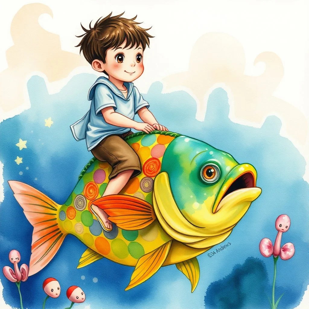 water color painting of young boy riding colorful fish, storybook illustration by Esao Andrews, cgs society, pop surreal, whimsical
