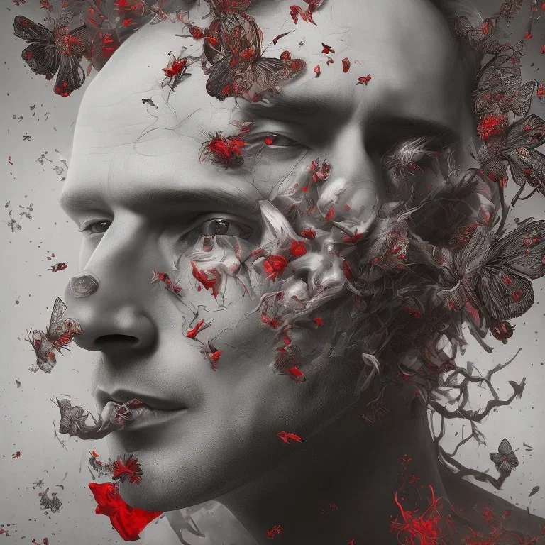 portrait of man with an exploding flower and butterflies inside his face, highly detailed black and white with red accents, digital painting.