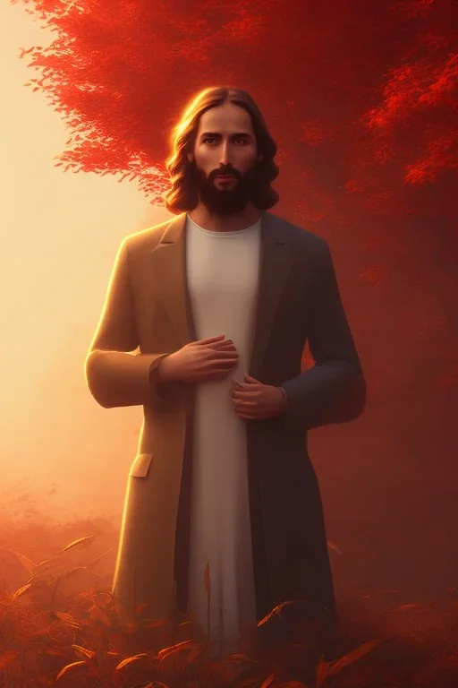 Jesus portrait at dawn by atey ghailan, golden light , heaven, volumetric light, high detail, red leaf tree, mountains in backround, perfect