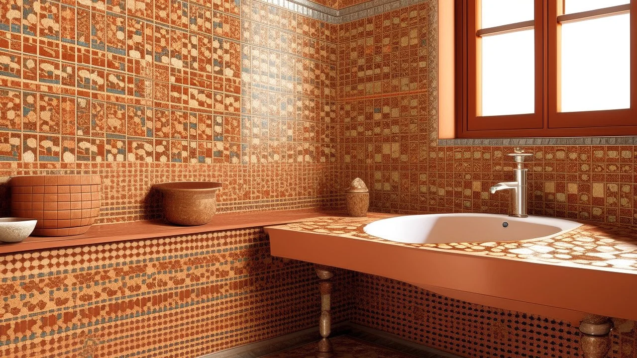 A copper brown chromatic desert designed in ancient Greek mosaics painted by Alfred Sisley