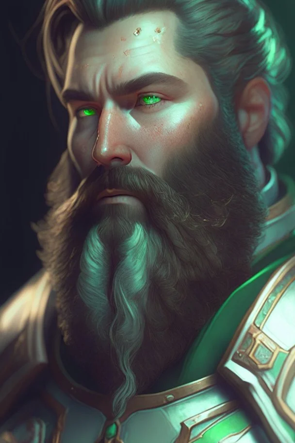 photorealistic white male bearded handsome, hyperdetailed painting, luminism, Bar lighting, complex, dark green miltary armor, 4k resolution concept art, Artgerm, WLOP, Alphonse Mucha, 3d render, octane render, intricately detailed, cinematic, awesome full color, hand drawn, dark, gritty, cinematic