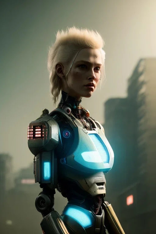 Beautiful portrait of blonde post-apocalypse robots in a cyberpunk city, sci-fi fantasy style, 8k,dark