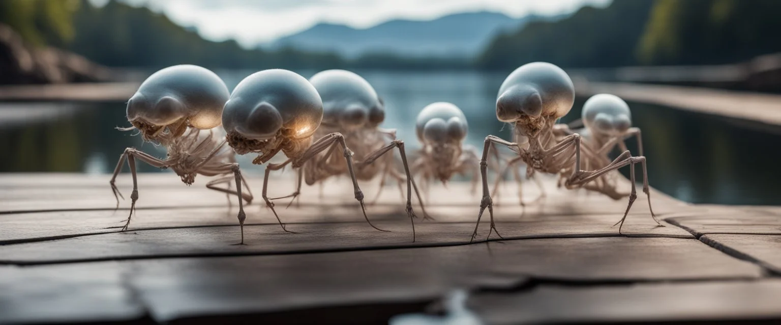 close up on dented glowing ghost transparent ant skeleton rat babies, raised by ninja necromancer in the wild, on wooden bridge by lake in surreal reflecting stone chrome landscape