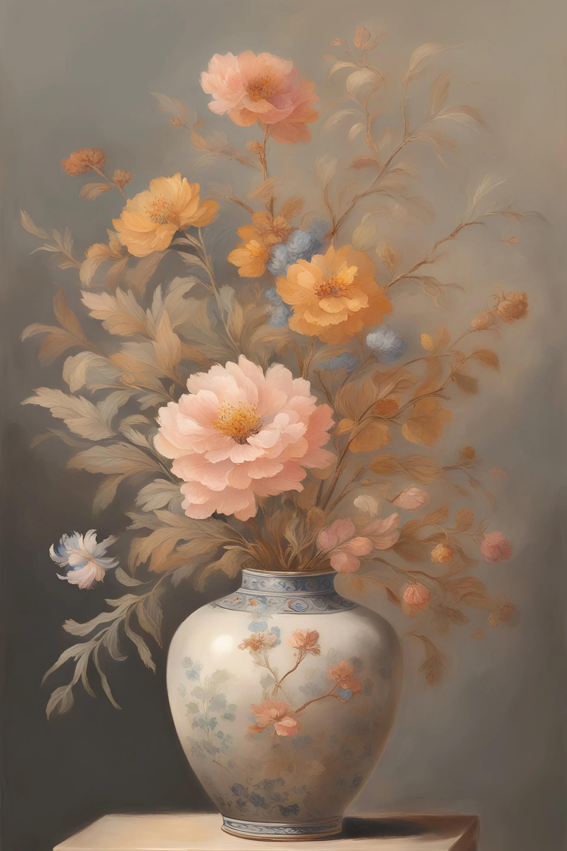 beautiful dried flowers in slim earth chinese vase, pastel gouache colours, masterpiece, 8K