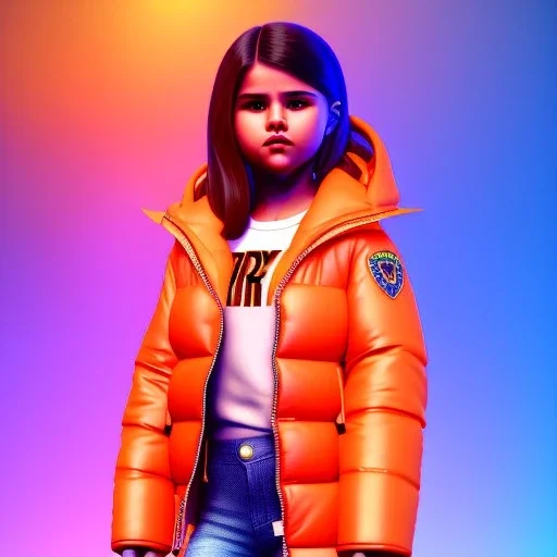 3d render, Selena Gomez toddler, full body, orange puffer jacket, dramatic lighting, volumetric lighting, concert background, hyper realistic, unreal engine 5, 8k, UHD,