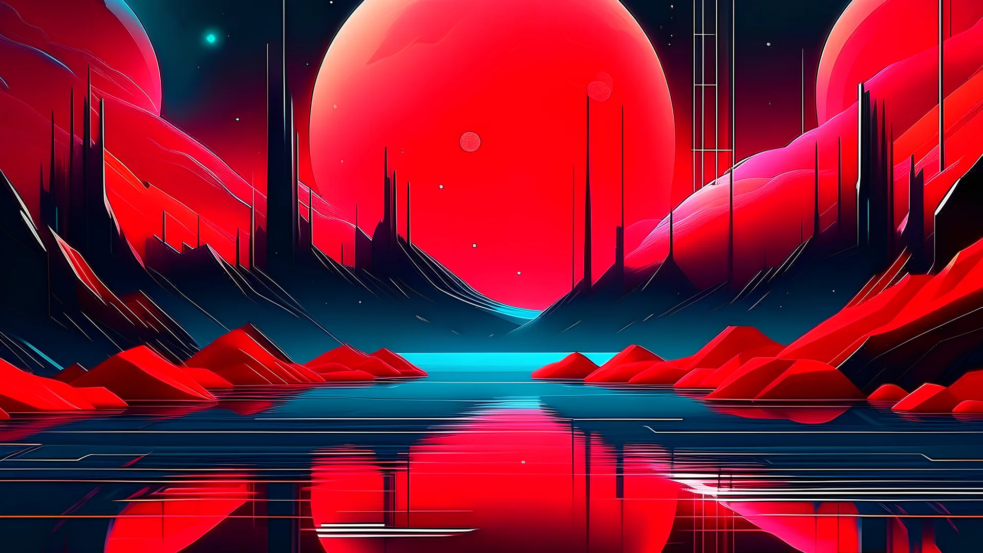 A digital art piece depicting the red moon slowly ascending over the crystal lake, with a futuristic and abstract style. The scene includes geometric shapes and neon colors, giving it a modern and otherworldly look. SUFFIX: The image conveys a sense of mystery and wonder, inviting the viewer to explore its hidden meanings