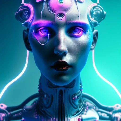 singer Danish MØ face, lumen lighting, led lights, <hanging wires> many wires connected to the head<perfect pupil> <cyborg> <garage> <sci-fi futuristic>