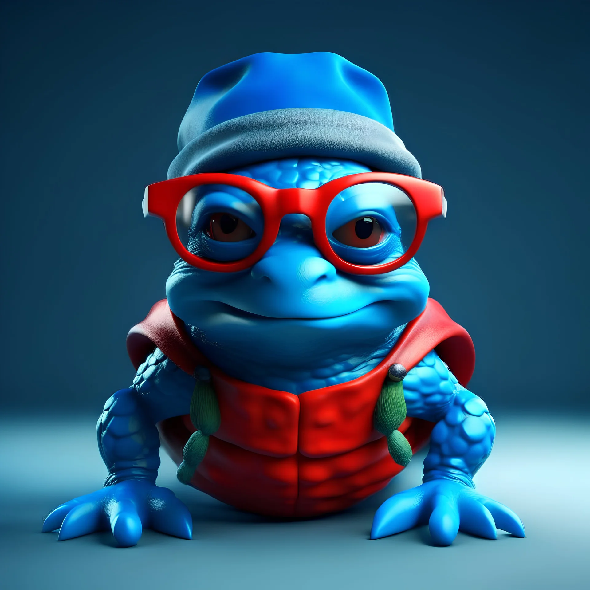 A blue Ninja Turtle wearing glasses and a Santa hat