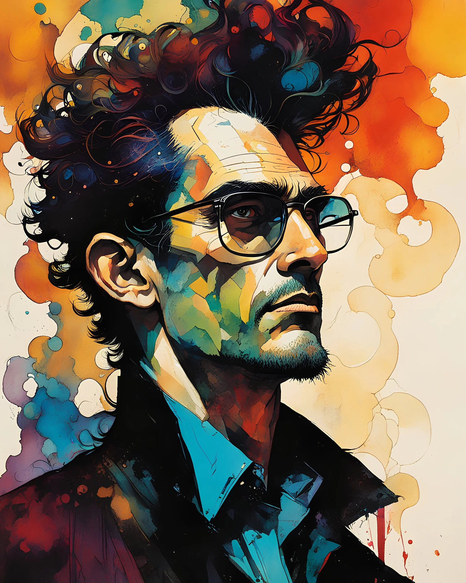 create an Abstract Expressionist, ink oil, male portrait illustration, in the style of Bill Sienkiewicz, Egon Schiele, Mike Mignola, and Jean-Giraud Moebius, with highly detailed hair and facial features, in vibrant chromatic color