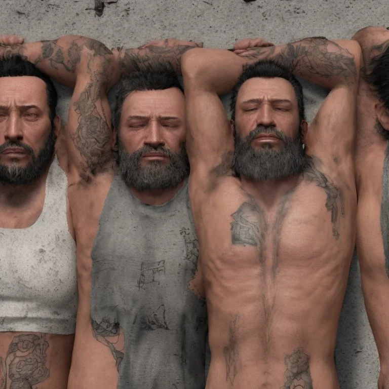 close up 35mm lens, top view of three gipsy prisoners 45 years old sleeping laying down inside a dirty jail, ugly, bullneck, strong beefy, in tank top, manly chest, tattoo, misery and poverty, photorealistic, ultradetailed, 32keyes