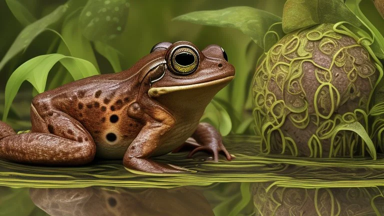 stylized and happy young brown frog with black stripes in its natural habitat at sunset, plain with wetlands, ravines, river with water hyacinth, ceibos and willows, dragonflies, beetles, dewdrops, digital art