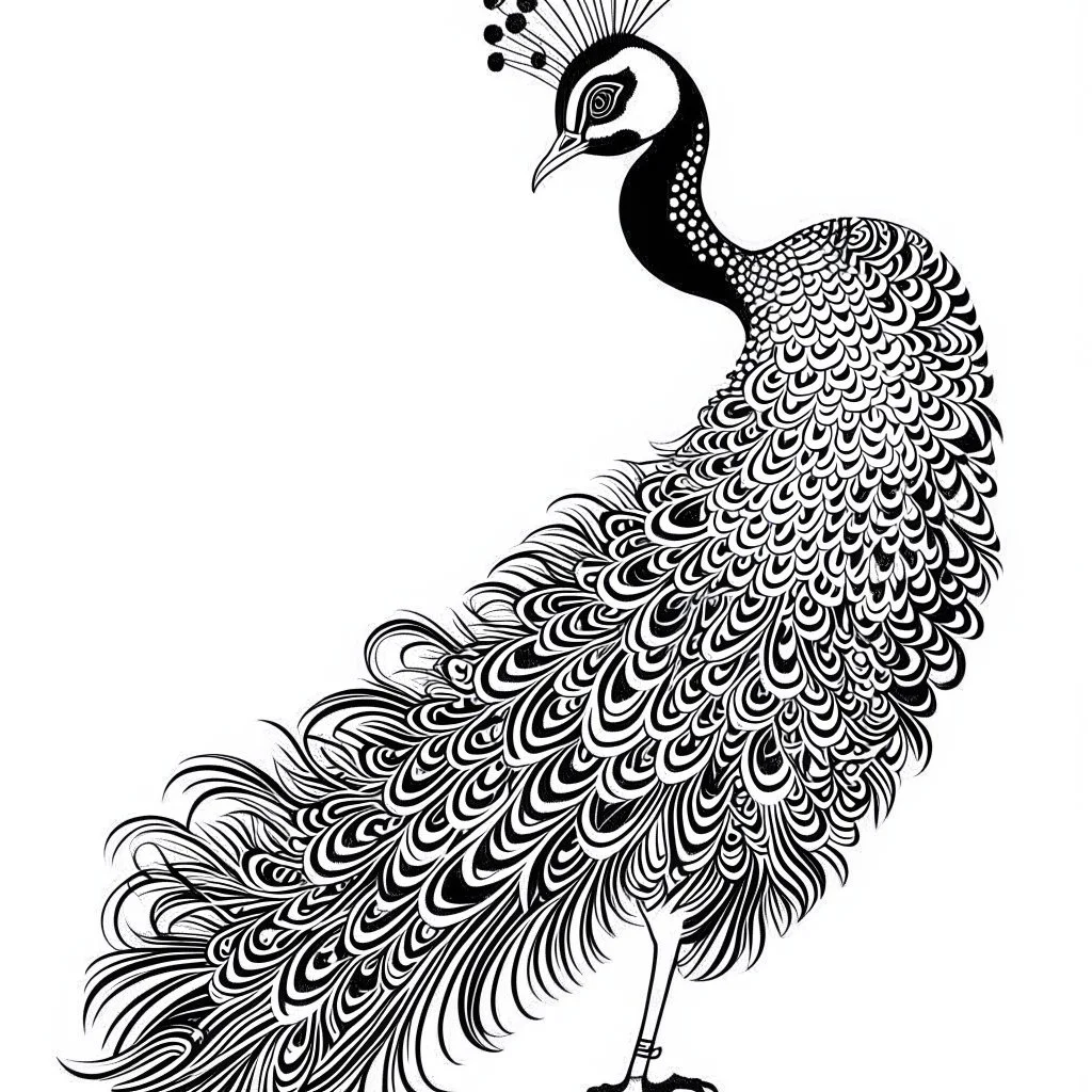 white, A peacock decoration, line art, white background, outline, with images neatly contained within the background, just black and white color, full body, no color. Looking front , front view, 8k