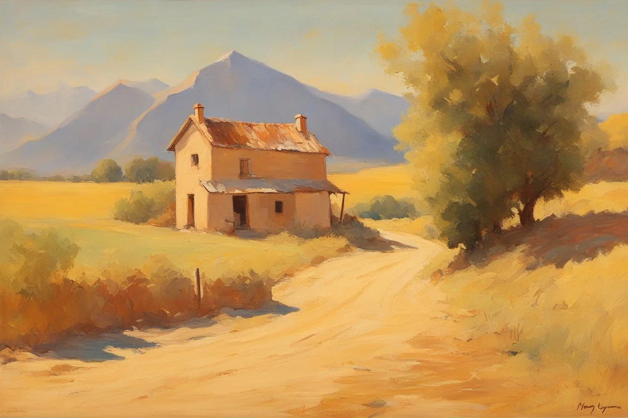 sunny day, mountains, trees, dirt road, countryside, nostalgy influence, adobe house, henry luyten and ludwig dettman impressionism paintings