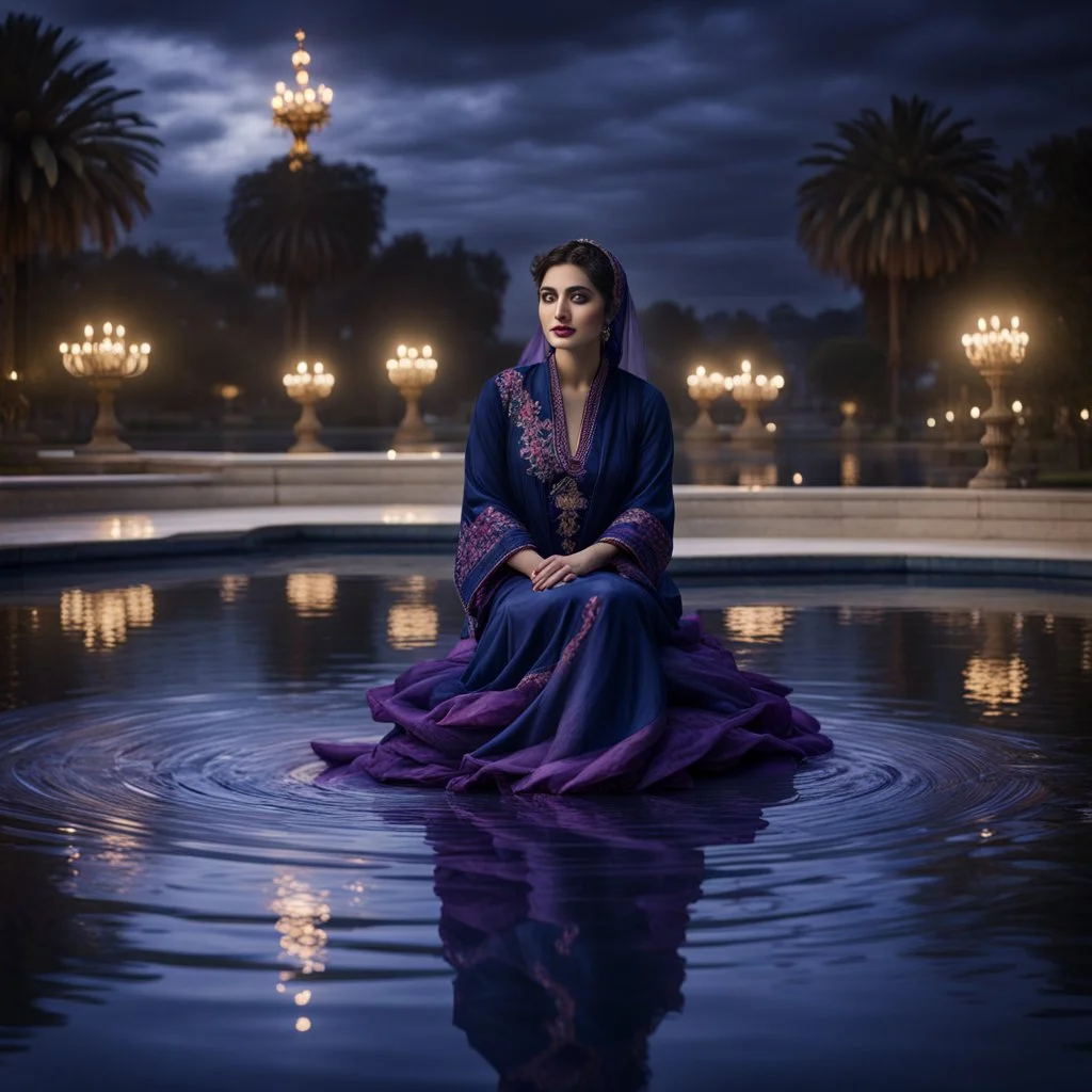 Hyper Realistic Photographic View Of A Beautiful Young Pashto Woman wearing navy-blue-embroidered-dress-with-purple-shawl Alone-happily-sitting on the surface of a fancy-water-fountain & a swan swimming on the surface of water at cloudy dark night showing dramatic & cinematic ambiance.