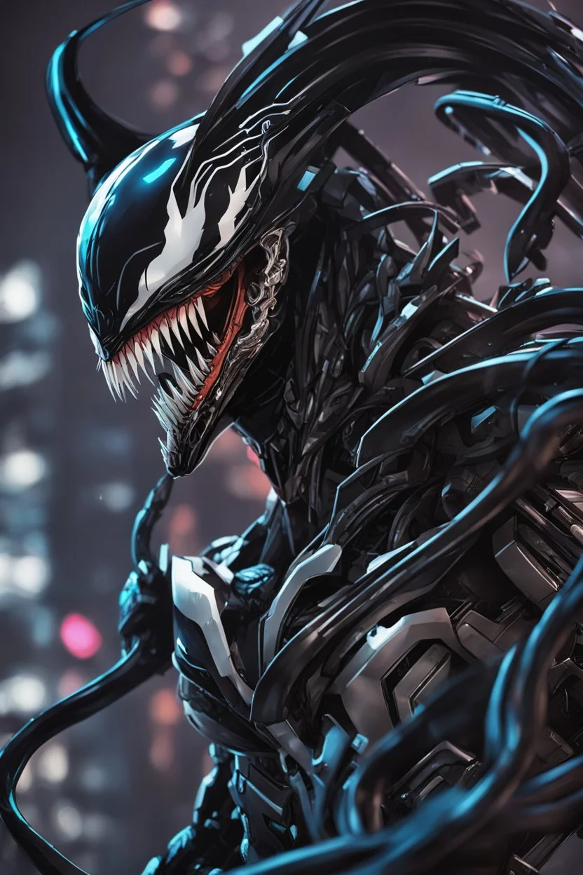 Venom mix with machine in solo leveling shadow artstyle, cyberpunk them, intricate details, highly detailed, high details machine, high details, detailed portrait, masterpiece,ultra detailed,best quality