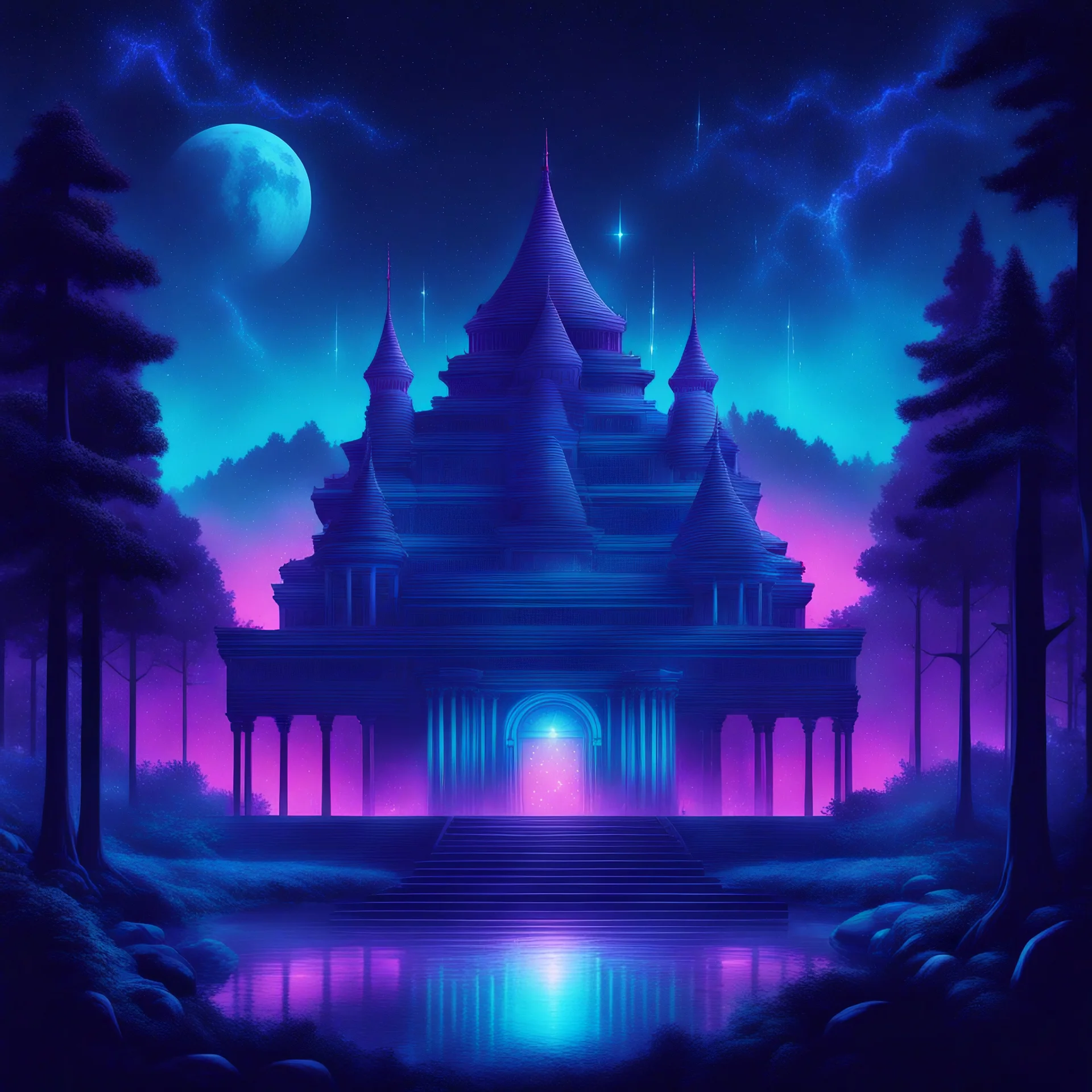 synthwave pic , capricorns with a blue night with stars over a palace in a forest