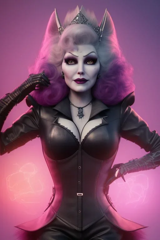 Mae West as evil queen in black leather, leather, busty, cleavage, angry, stern look. character design by cory loftis, fenghua zhong, ryohei hase, ismail inceoglu and ruan jia. unreal engine 5, artistic lighting, highly detailed, photorealistic, fantasy