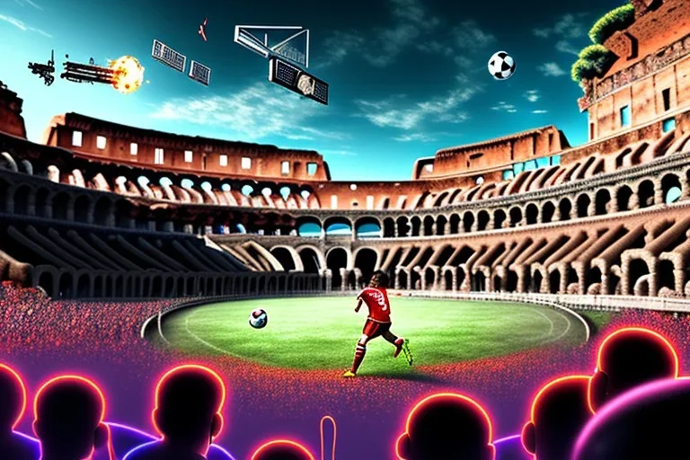 diego armando maradona playing football in roman colosseum, hyper detailed, digital painting, elegant, centered, detailed, neon signs, 8k, shining, heaven, many happy people, dampf,