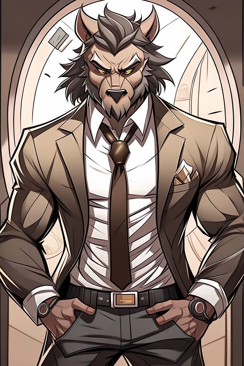 Buff, anthro, wolf, himbo, black fur, gold eyes, wearing a suit, full-body, muscles, strong, muscular, man boobs, bulky, tail