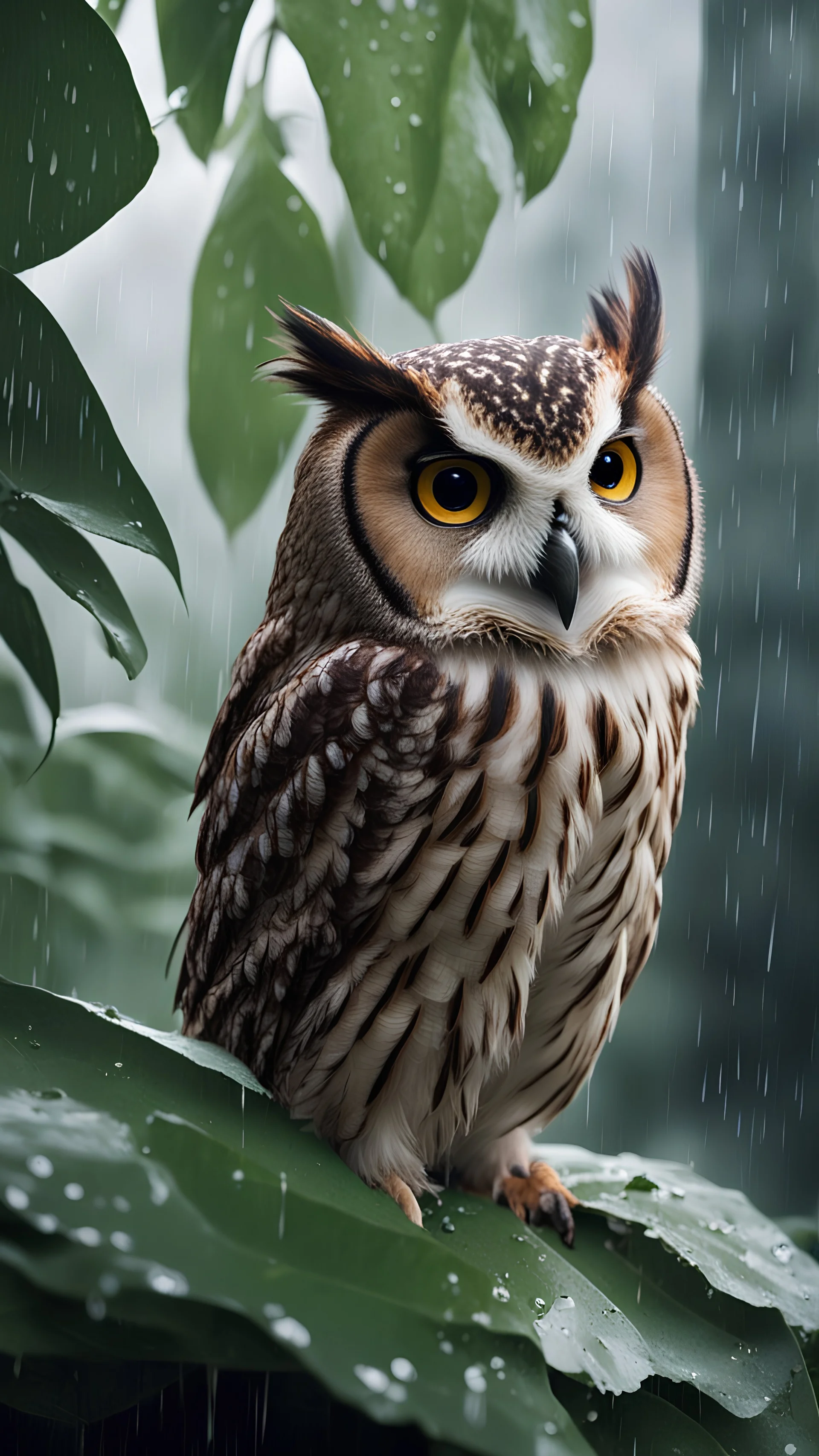 A photo of An owl hiding from the rain under a big leaf. She HATES the rain.