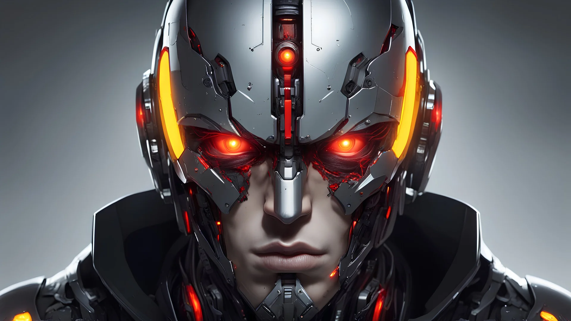 Create a character that is a cyborg. His face should have a vertical split line down the center. Half of the face will be a man with red skin and a yellow glowing eye and dark hair. The other half of the vertical split with be a metal robot with a scary face and a red glowing eye. And he should have on a black coat wit a big hood on like a mythical character that practices dark magic.