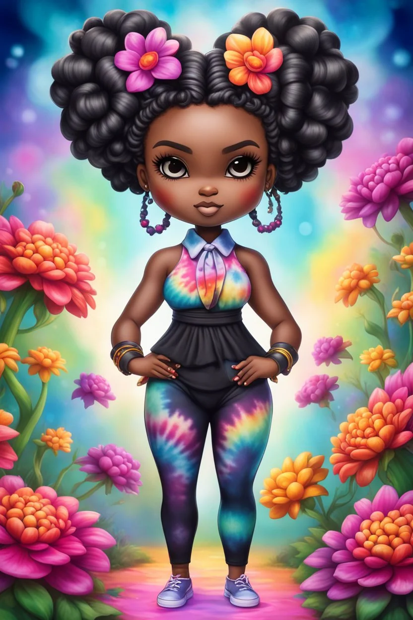 Create an airbrush image of a chibi black curvy female wearing a tie dye yoga outfit. Prominent make up with hazel eyes. Highly detail ombre Bantu knots. background of colorful large flowers 2k