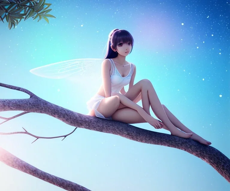 a detailed illustration of a anime girl sitting on a tree branch, luminescent body, glinting spread wings, realistic, soft and smooth glowing wings, soft feathers, macro lens, sharp focus, meticulously detailed, soft studio lighting, smooth blurred gradient evening sky background, 64k