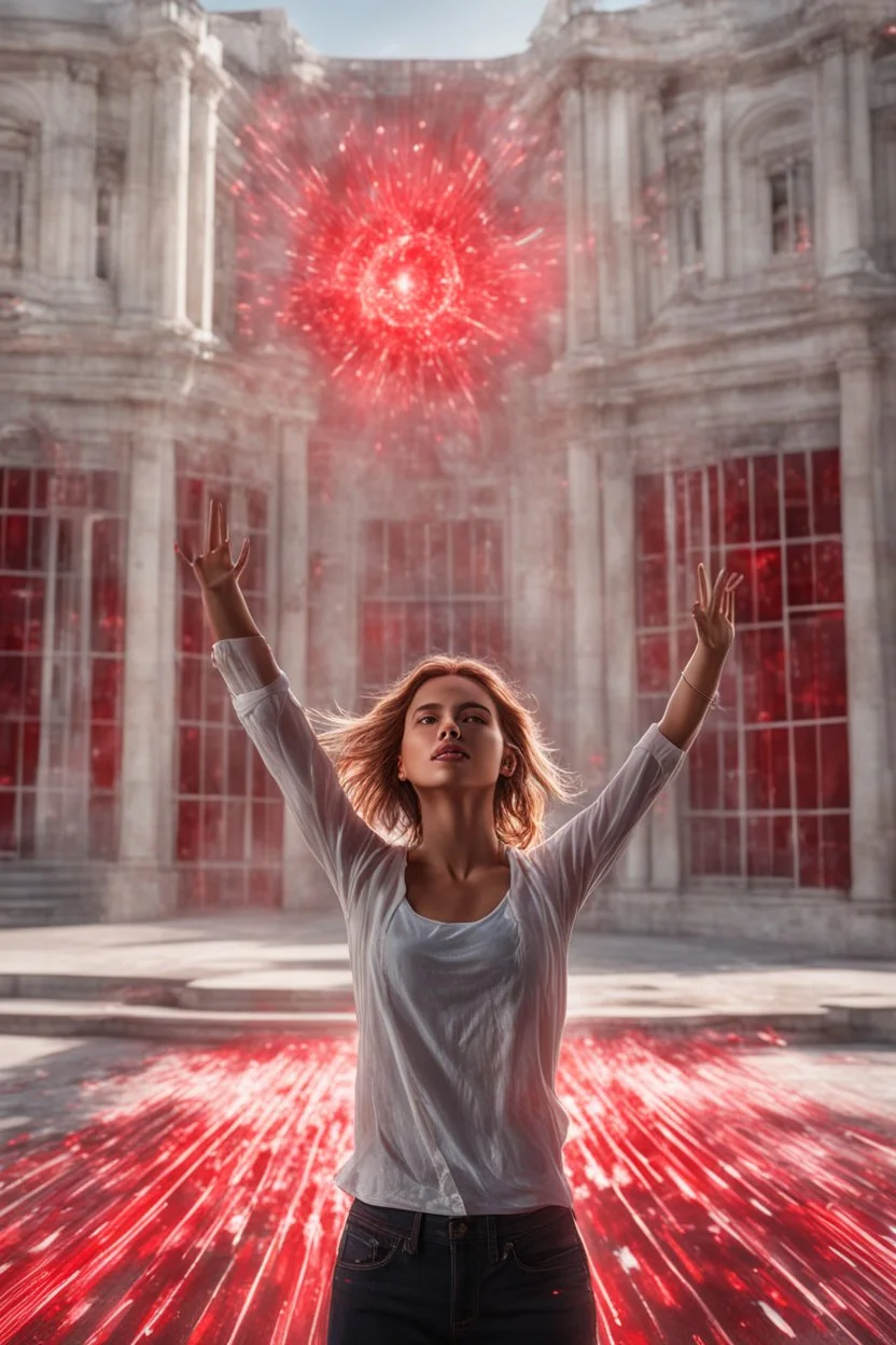 Photorealistic young woman standing, with arms raised, in front of a building at midday, with red auras around her