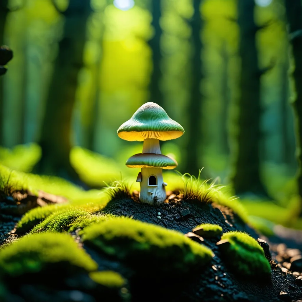 "Close up of a wonderful tiny Mushroom Tower home. Yellow and green with bright white, deep black and contrasting tones of gray. Illuminated bioluminescent forest. Professional painter, master at composition. small but detailed. broken, blurred background, voluminous lighting"